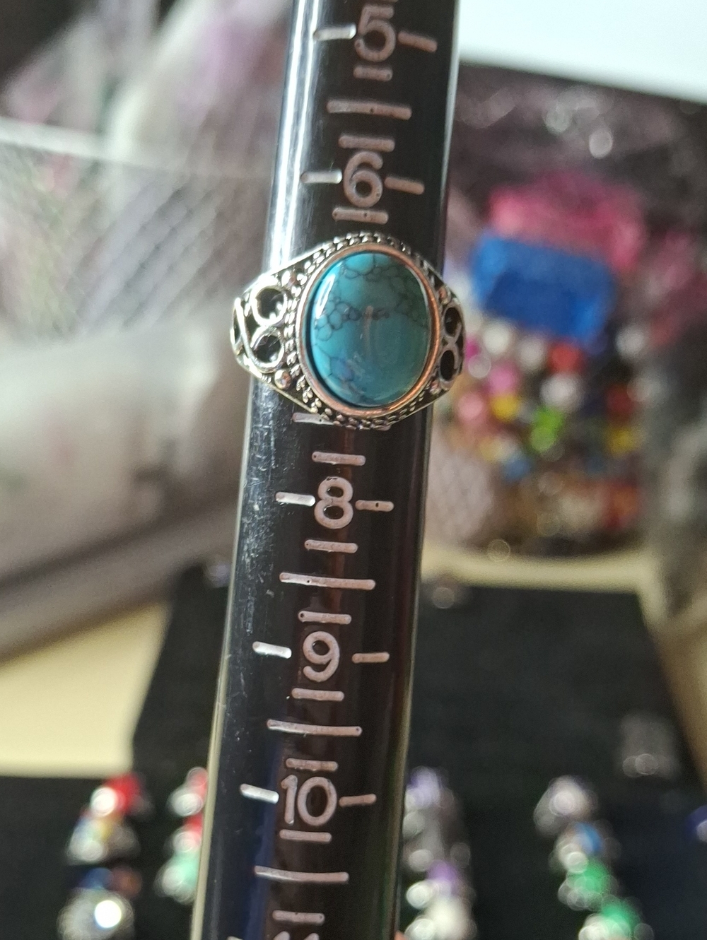 Turquoise Oval Silver Tone Ring - Blue Stone Sz 7 New